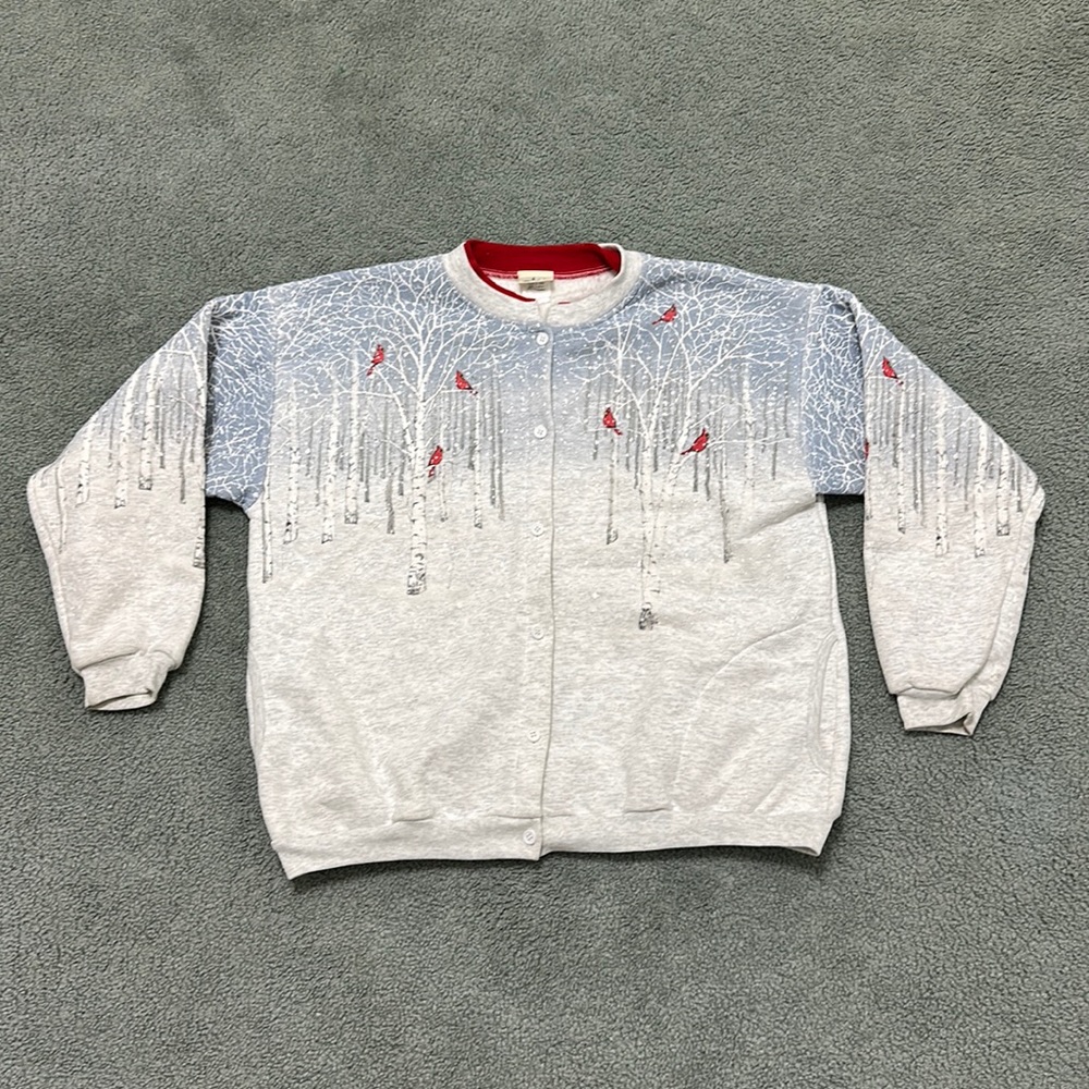 Vintage 90s winter Scene Cardinals puff paint Button-Front cardigan Sweatshirt